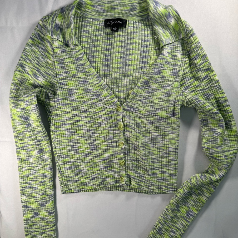 Say What? Neon Lime & Purple Ribbed Button-Front Cropped Cardigan